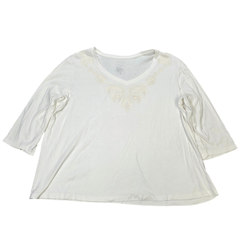 St. Johns Bay Embroidered V-Neck Blouse Women's Size 3X White Baroque All Cotton